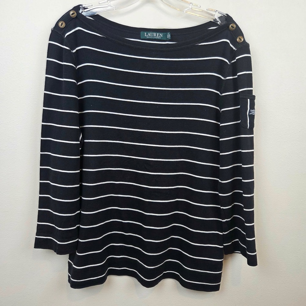 Lauren Ralph Lauren Striped Boat Neck Top Black White Button Shoulder XL